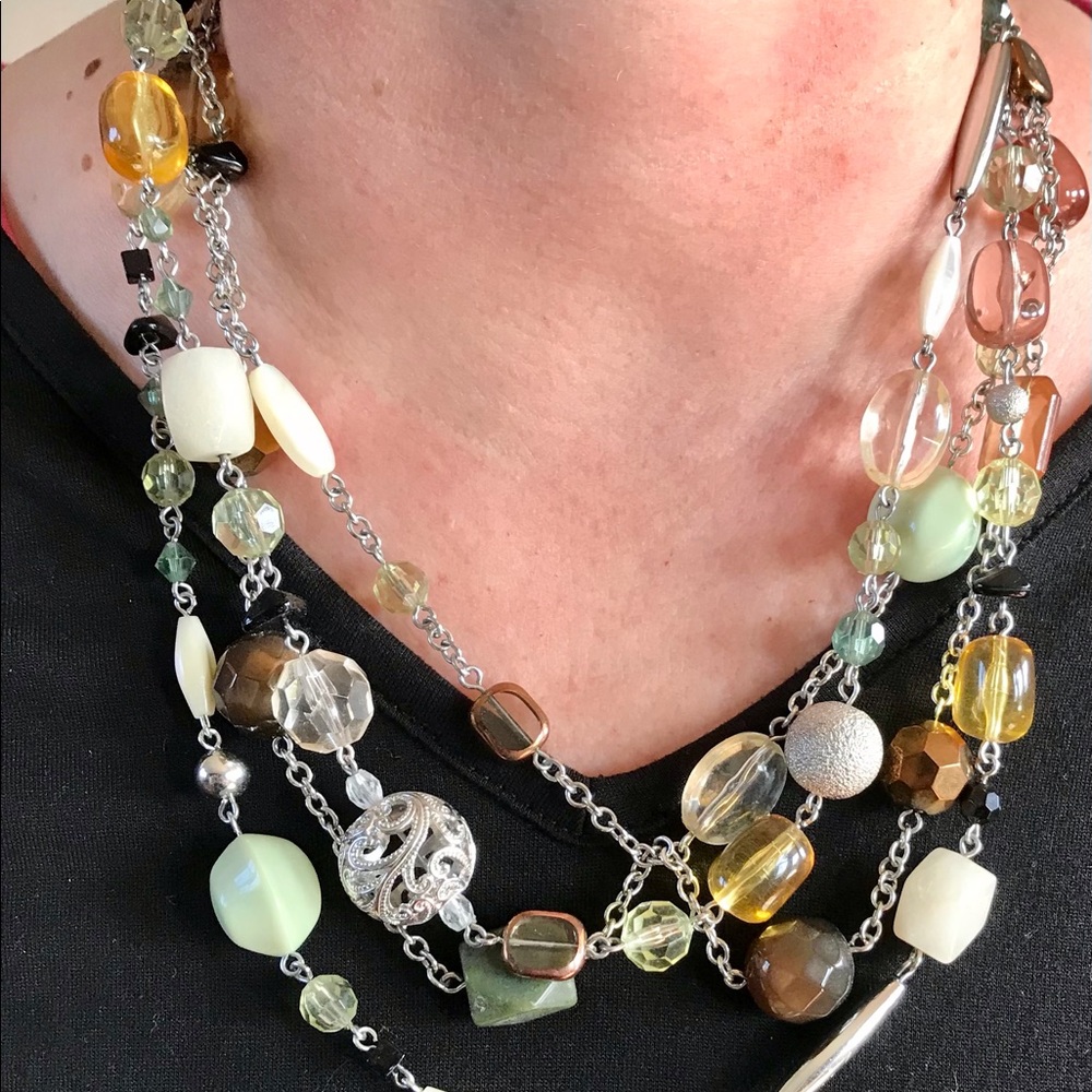 Costume option: fairy layered necklace with green, amber and silver beads